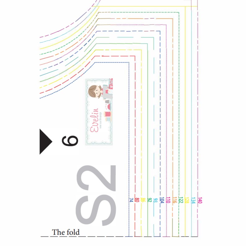 May include: A sewing pattern with a white background, featuring colorful dashed lines and measurements in centimeters. The pattern includes the text "Evelin" and "S2", along with the words "The fold" and the number "9".