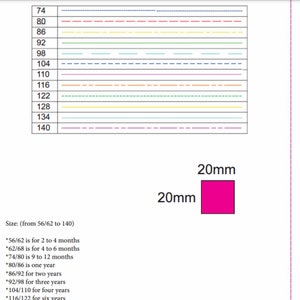 May include: A chart with size measurements and age ranges. The chart includes numbers from 74 to 140, with corresponding age ranges from 2 months to six years. A bright pink square with the text "20mm" is also present.