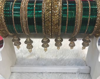 Bangles, gold bangles, green bridal bangles, indian bangles, pakistani bangles, indian jewelry, pakistani jewelry, indian wedding jewelry