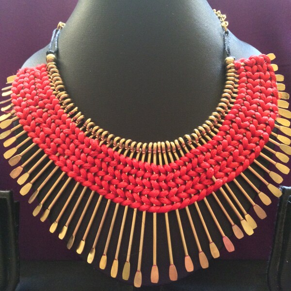 Gold Spike Statement Necklace | Colorful Tribal Necklace | Fringe Necklace| Bib Necklace | Handmade Necklace | Red Necklace