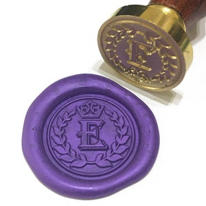 Letter E wax seal stamp CROWN & LAUREL WREATH / Initial Invitation / A to Z / Alphabet / Wedding / Birthday / Personalized
