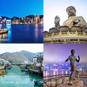May include: A four-panel collage of Hong Kong landmarks: the Star Ferry on the harbour at night, the bronze Big Buddha statue, the Tai O fishing village with boats on the water, and the Bruce Lee statue at the Avenue of Stars.