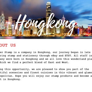 May include: A night cityscape of Hong Kong with illuminated skyscrapers reflecting over the water. The text "Hongkong" is written in white script over the image, followed by the red heading "ABOUT US" and black text describing Master Stamp.