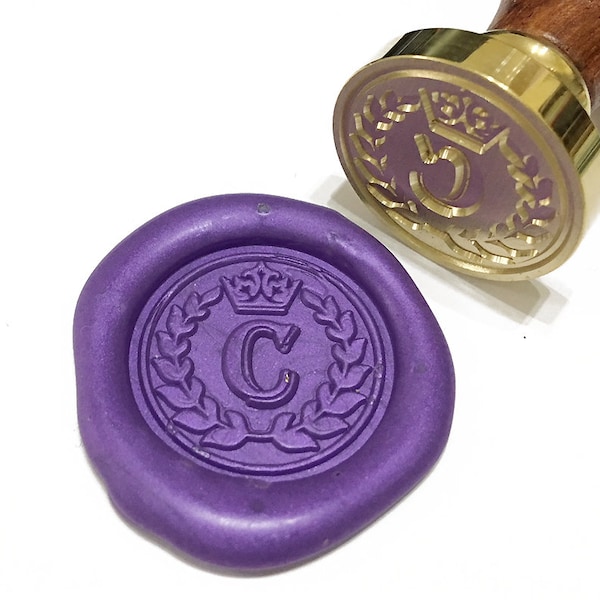 Letter C wax seal stamp CROWN & LAUREL WREATH  / A to Z / Alphabet / Initial / Invitation Wax Stamp / Wedding / Birthday / Personalized