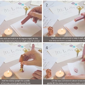 May include: A four-step instructional guide for creating a wax seal. The process includes melting a mauve wax stick over a candle, dripping the wax onto paper, pressing a wooden-handled metal stamp into the puddle, and lifting it to reveal a seal.