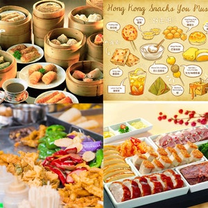 May include: A collage featuring bamboo steamers filled with dim sum, a printed guide titled Hong Kong Snacks You Must Try with illustrated food items, a variety of fried snacks with condiment bottles, and a platter of sliced roasted meats.