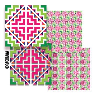 May include: A set of three digital printable patterns featuring geometric designs in shades of green, pink, white, blue, and orange. The patterns are ideal for creating unique and stylish projects.