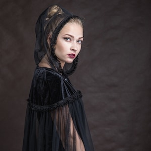 Gothic Elegant black velvet and tulleCAPE with hood, Gothic Victorian Vampire, Halloween
