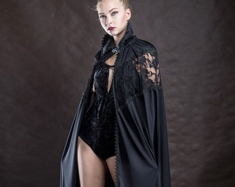 Extra long Gothic black  cape Victorian Vampire Elegant Burlesque with big stand-up collar, prom, goes to ground, Halloween