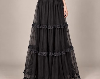Gotische zwarte maxi-rok van tule, lange rok met gelaagde ruches, Victoriaanse heksenrok, romantische gothic kleding