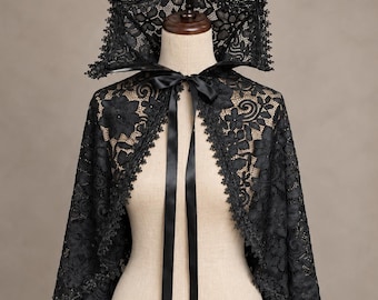 Black Lace Gothic Capelet, Victorian High Collar , Vampire costume, Gothic Bridal Cover Up,