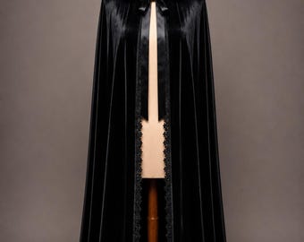 Black Velvet Hooded Cape, Victorian Gothic Cloak, Vampire with Satin Hood, Gothic Wedding, Witch, Halloween style