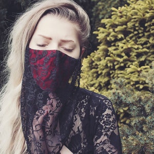 Lace Reusable and  washable cotton face mask with shawl, wrap, red cotton satin, double-sided breathable,mouth, goth, alternative,black lace