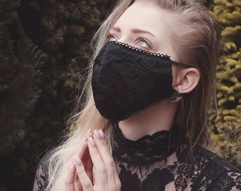 Återanvändbar och tvättbar ansiktsmask i bomull, dubbelsidig, andningsbar, profilerad munmask, goth, alternativ, svart spets