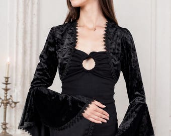 Black Velvet Bolero Cape, Elegant Bell Sleeves, Special Occasion Shrug, vampire bolero
