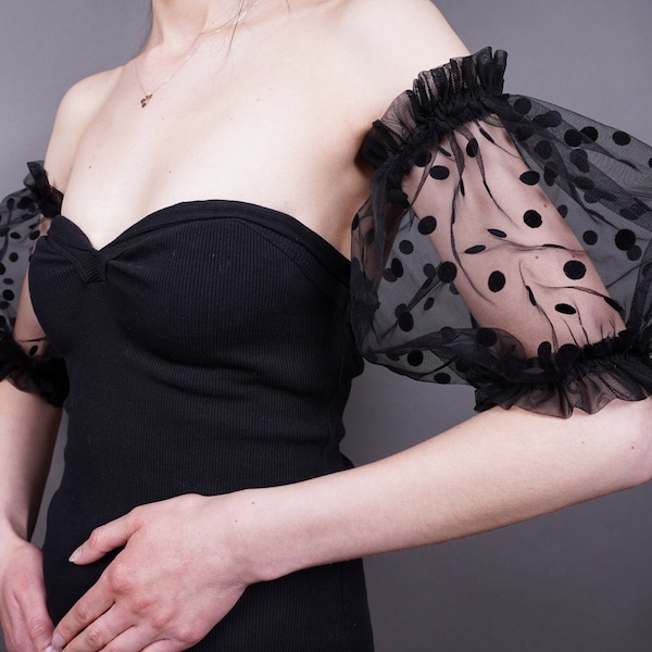 Elegant tulle dotted cinderella arm sleeves,  Glamour tulle, black, detachable