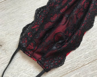 Lace reusable and  washable cotton face mask with filtr pocket, red satin, double-sided breathable mouth mask