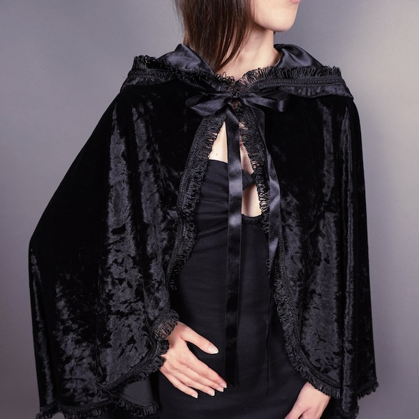 Velvet Gothic Victorian Vampire Elegant Burlesque Lolita black velvet CAPE with big satin hood, tassels, halloweem, prom, goes to ground