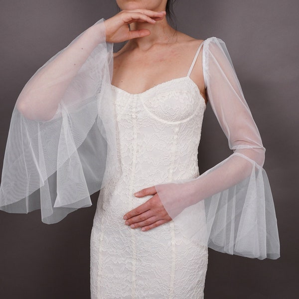 Elegant bridal sleeves, bridal Glamour, Removable Sleeves, Bicep Wedding Sleeves, tulle flounces, Halloween, prom, wedding