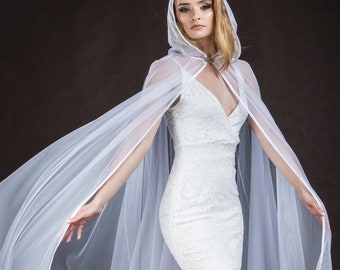 Extra extensive white long tulle wedding Cape Mist Bridal Elegant Burlesque, big hood, costume, prom, goes to ground