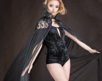 Extra long Gothic black  cape Victorian Vampire Elegant Burlesque with big stand-up collar, prom, goes to ground, Halloween