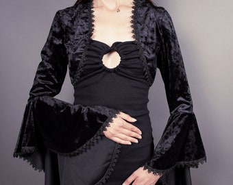 Glam Elegant black velvet BOLERO cape, shrug with long belly sleeves, festivals, prom, Halloween, New Year's Eve