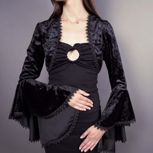 Glam Elegant black velvet BOLERO cape, shrug with long belly sleeves, festivals, prom, Halloween, New Year's Eve