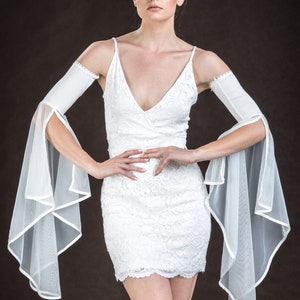 Elegant Romantic bridal Glamour long GLOVES with mistic flounce,  frill, white tulle, fingerless mittens, wedding