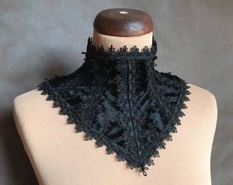 Gothic Velvet Gorget: Corset Lacing Black Ruffle Collar