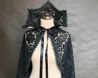 Gótico Elegante capa negra de encaje y encaje con cuello alto, Vampiro gótico victoriano, Halloween