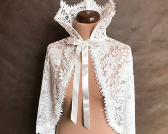 Capa romántica de novia color marfil con gran cuello alto, para graduación, hasta el suelo, boda