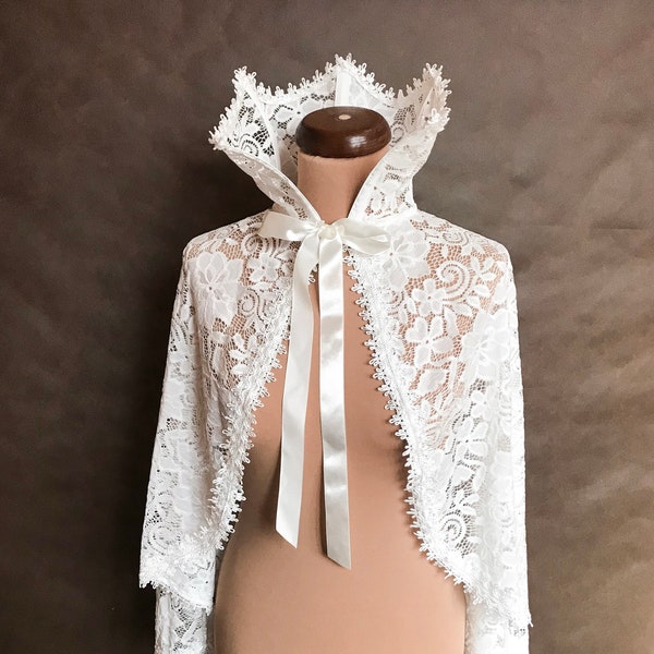 Romantisches, ivory braut Cape mit großem Stehkragen, Abschlussball, geht zu Boden, Hochzeit