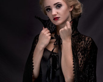 Extra long Gothic Victorian Vampire Elegant Burlesque Lolita black LACE CAPE with high vampire collar, costume, prom, goes to ground, lenght