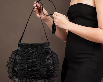 Black Lace Evening Bag, Gothic Bridal Purse, Victorian Satin Handbag, Alternative Wedding, Gothic Clutch, Romantic Goth Accessory, vampire