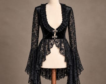 Gothic Velvet Jacket, Victorian Lace Capelet, Vampire Tailcoat, High Low Coat, Romantic Goth Clothing