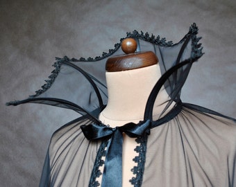 Extra long tulle Cape Mist Gothic Victorian Vampire Elegant Burlesque black, high vampire collar, costume, prom, goes to ground, Halloween
