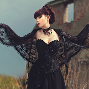 Gothic Victorian Vampire Elegant Burlesque Lolita black LACE CAPE with big hood, spring, summer, festival