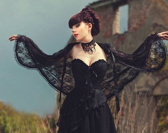 Gothic Victorian Vampire Elegant Burlesque Lolita black LACE CAPE with big hood, spring, summer, festival