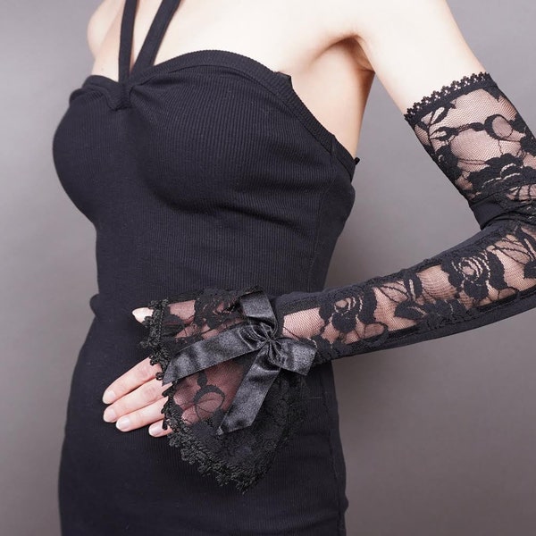 Elegant GOTHIC VAMPIRE Victorian Burlesque Evening Glamour long armwarmers, black lace, satin ribbon, fingerless mittens, New Year's Eve