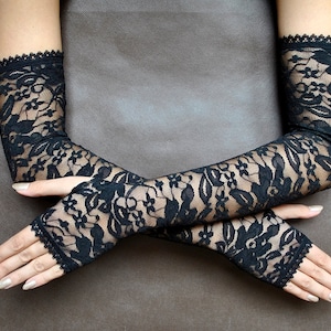 Elegant Evening Gloves GOTHIC VAMPIRE Victorian Burlesque Glamour extra long GLOVES black lace goth fingerless mittens, prom, New Year's Eve