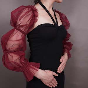 Elegante grote mouwen, julliet soezen, bruidsglamour, afneembare mouwen, biceps bruiloftsmouwen, tule ruches, Halloween, bal, bordeaux