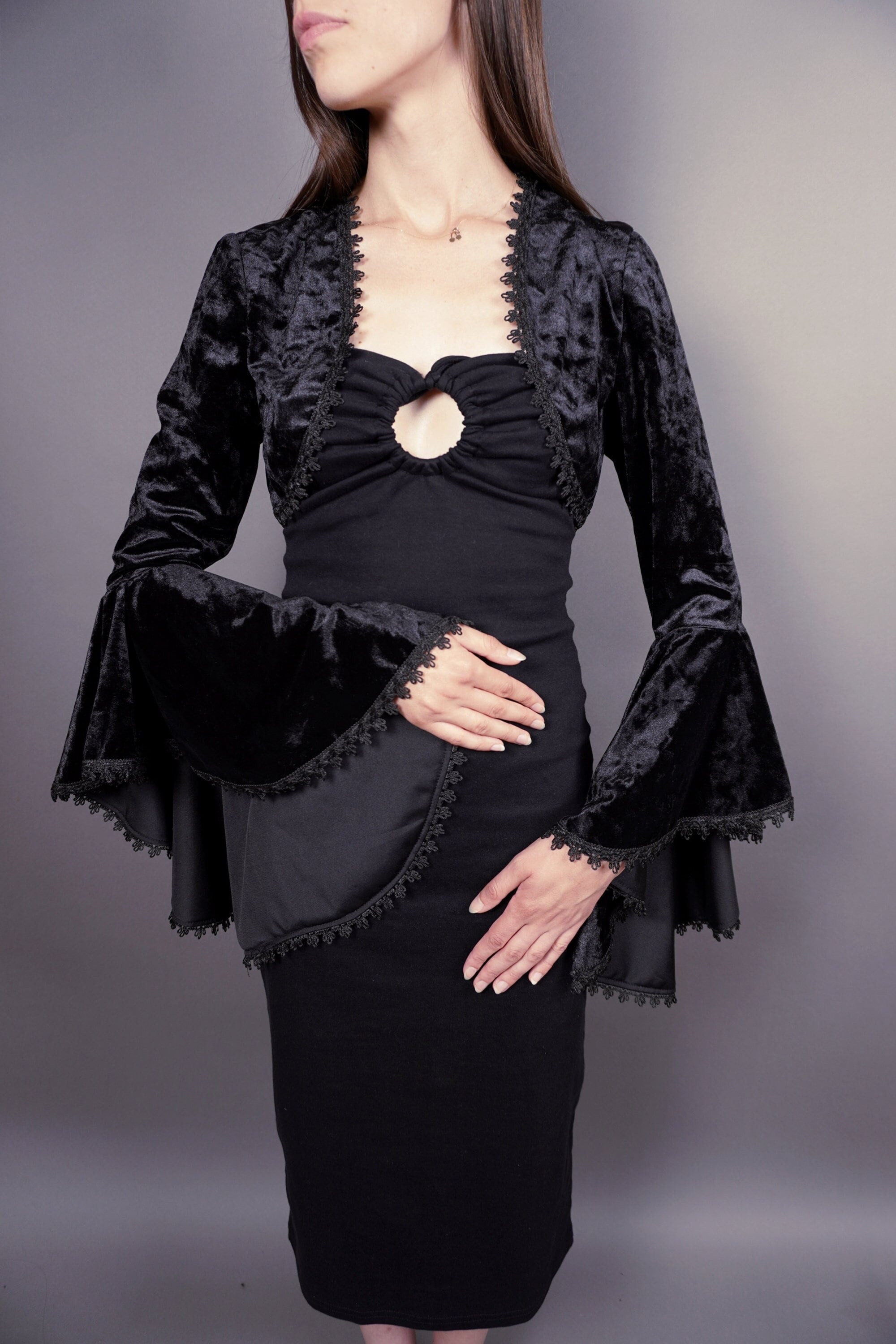 Glam Elegant black velvet BOLERO cape, shrug with long belly sleeves, festivals, prom, Halloween, New Year's Eve