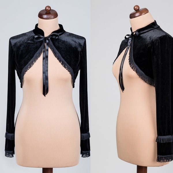 Glam Elegant black velvet BOLERO cape, shrug with long sleeves, stand-up collar, tassels, festivals, prom, Halloween, New Year's Eve
