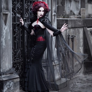 Black Gothic Tulle Cape with High Collar – Vampire Cloak, Witch Cape, Victorian Capelet, Dark Academia Outfit, Halloween Costume image 4