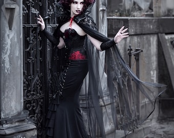 Cape Gothique à Plumes Pour Femme Halloween - Longue Avec Jupe En Tulle Et Maille Noire, Déguisement Sorcière Cosplay