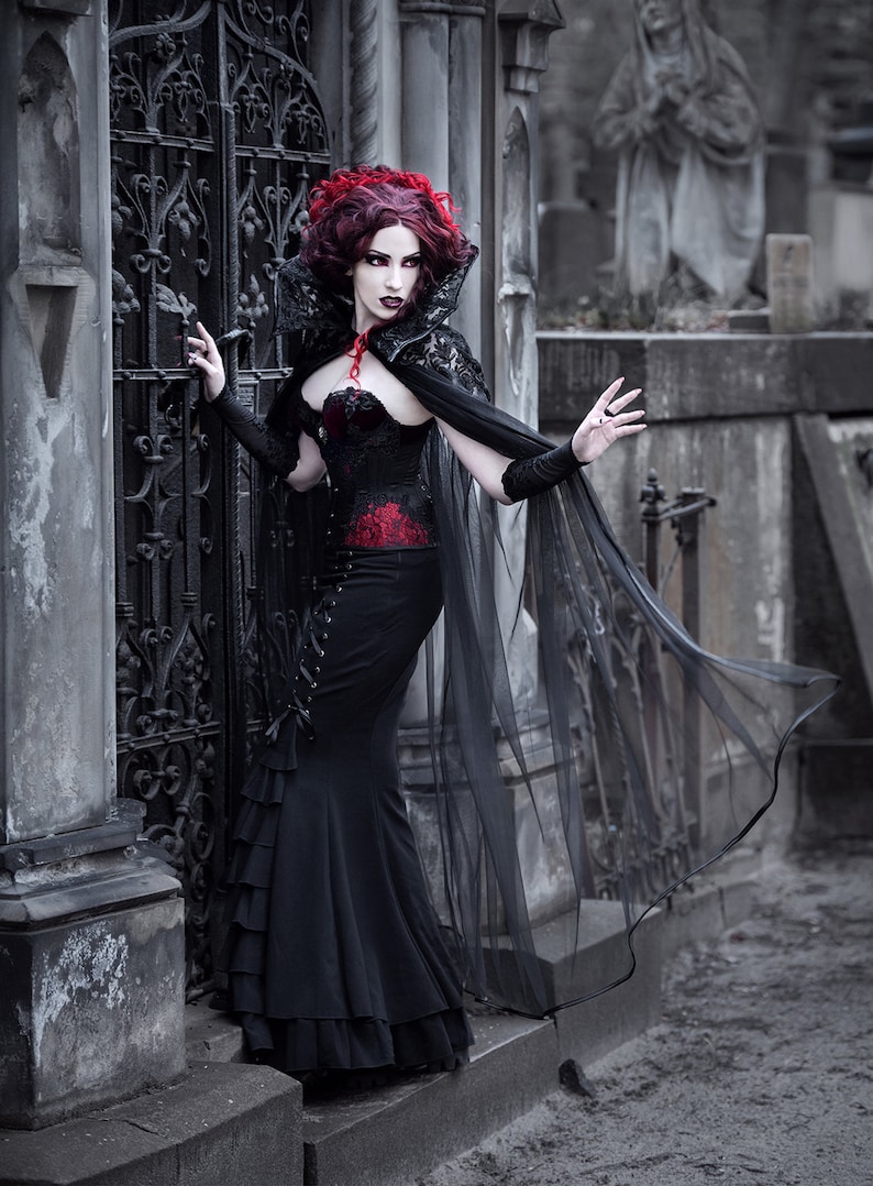 Black Gothic Tulle Cape with High Collar – Vampire Cloak, Witch Cape, Victorian Capelet, Dark Academia Outfit, Halloween Costume image 4