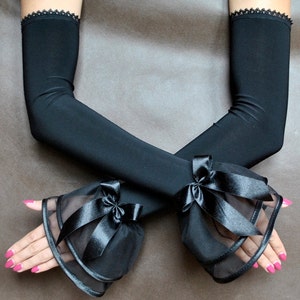 Elegant GOTHIC VAMPIRE Victorian Burlesque Evening Glamour long GLOVES, armwarmers black fabric, guipure, tulle, fingerless mittens,prom,
