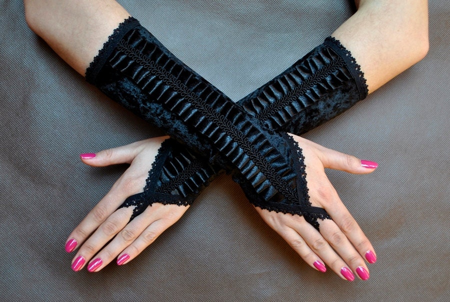 Elegant GOTHIC Lolita Burlesque Glamour long GLOVES black, red, blue, green velvet, goth fingerless mittens with finger loop, ruff, jabot