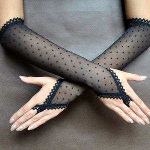 Elegant GOTHIC VAMPIRE Victorian Burlesque Evening Glamour long GLOVES, armwarmers,black dotted tulle, goth fingerless mittens, black friday