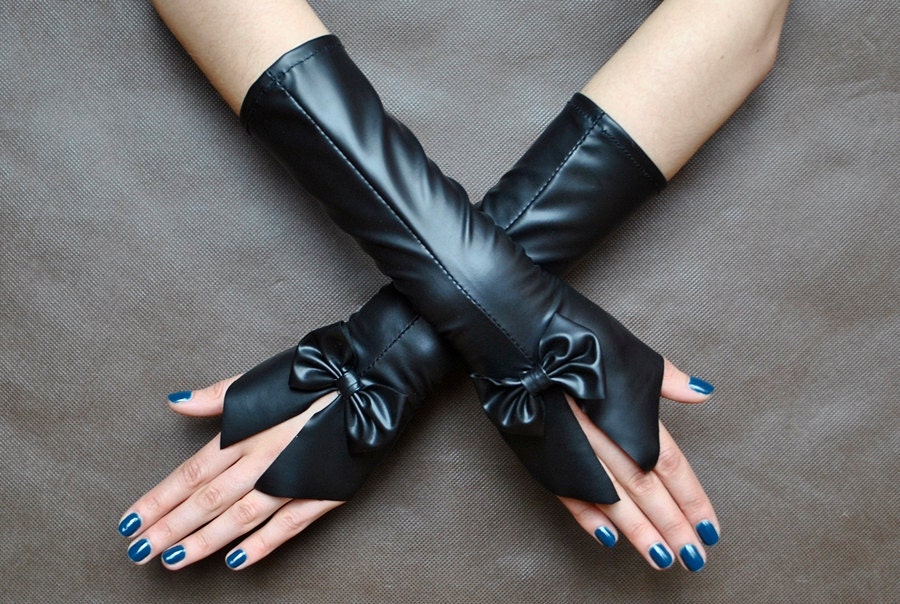 Elegant GOTHIC VAMPIRE Victorian Burlesque Glamour extra long GLOVES black skai, leather, goth fingerless mittens with bow - Image 1